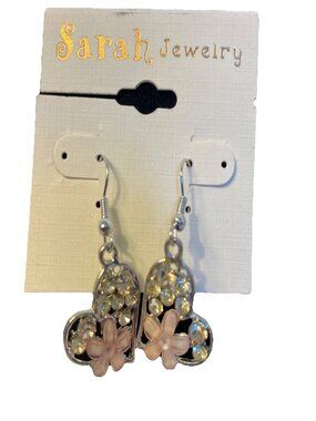 Silver Tone Heart Dangle Earrings Pink Flower Rhinestone Crystal Drop Jewelry